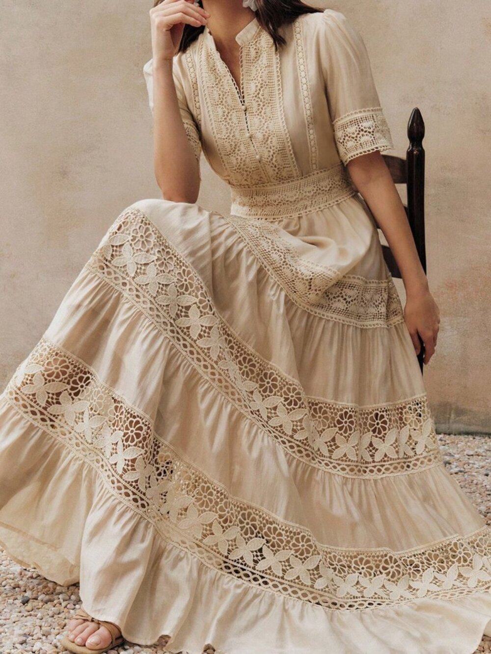 Apricot Boho Women's Elegant Lace Patchwork Dress - Picture 4 of 6